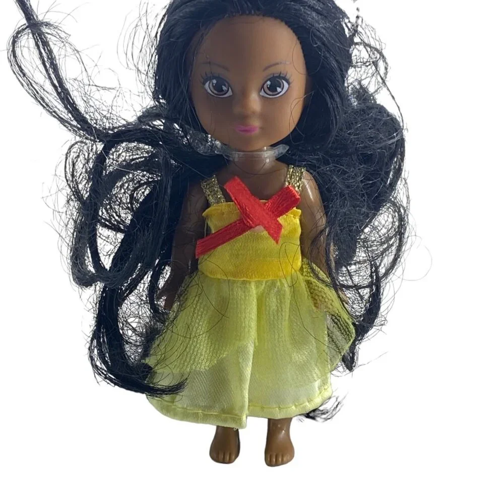 Little Girl Doll Toy Brown Black Yellow Dress Bow Long‎ Curly Hair 4